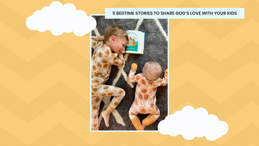 two boys are snuggled on a rug reading a children's bible together. The graphic contains clouds and a chevron pattern.